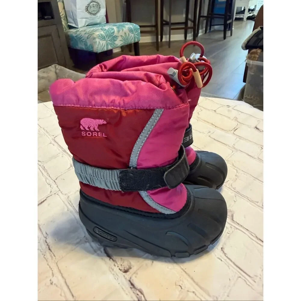 Sorel Kids Size 8 Flurry Durable Snow Boots Red Pink Winter Water Resistant